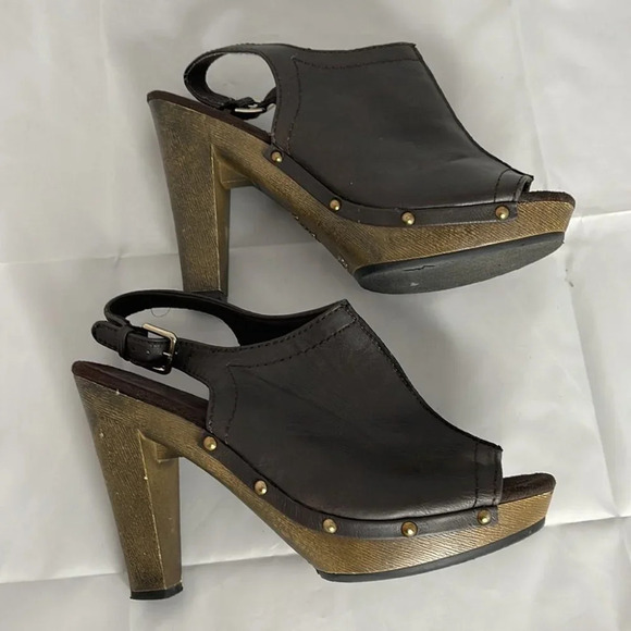 FIONI Slingback Platform Heels Brown Boho Vegan Leather Studded Peep Toe 8.5 - Picture 4 of 12